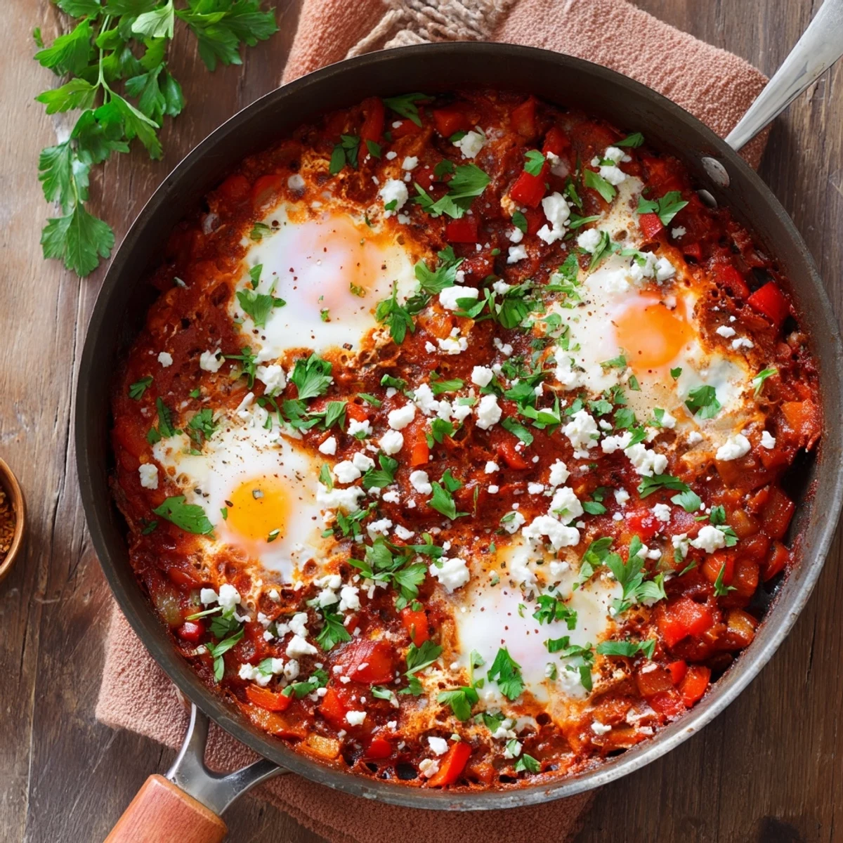 A close-up of Quick Shakshuka Eggs in a skillet, with runny yolks nestled in a rich, spiced tomato and pepper sauce.