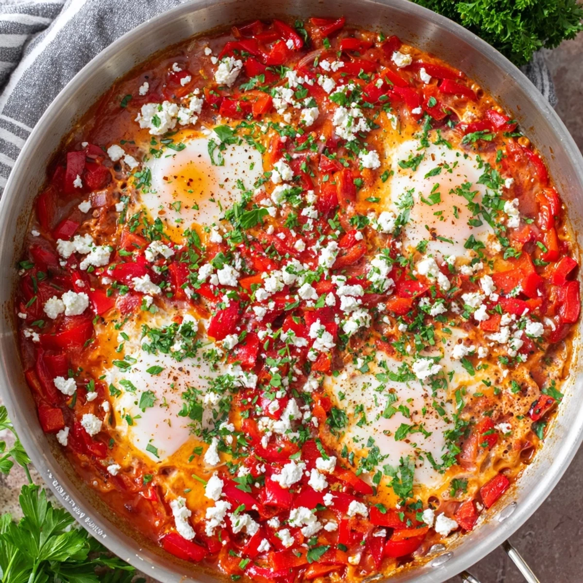 A vibrant bowl of Quick Shakshuka Eggs features poached eggs in a deep red sauce, with a sprinkle of crumbled feta on top.