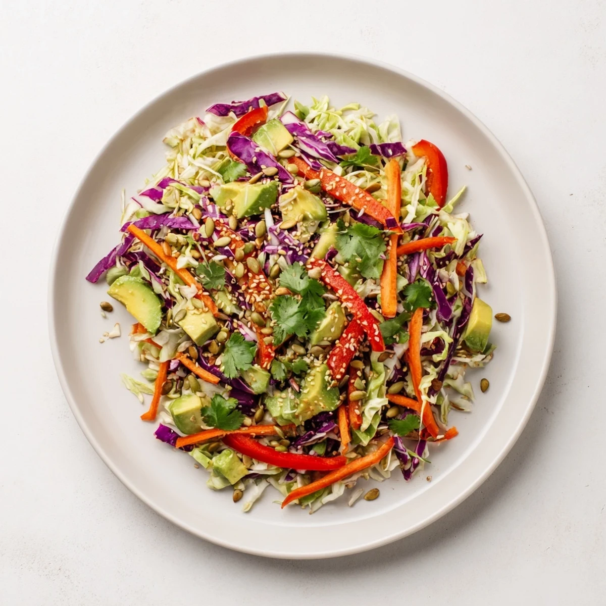 A vibrant bowl of Avocado Cabbage Salad with creamy avocado and crisp cabbage tossed in zesty lime dressing.
