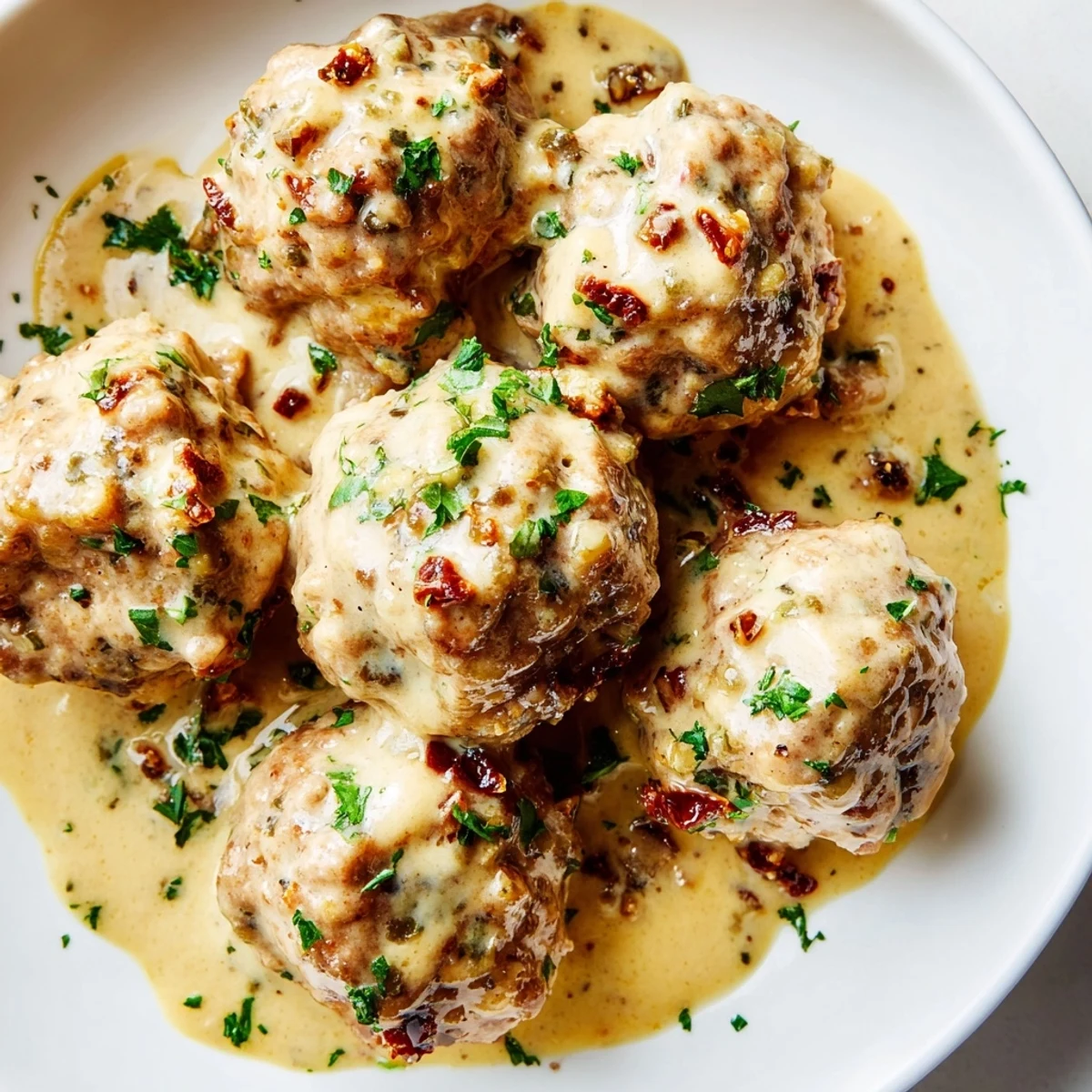 Golden-brown chicken and sun-dried tomato meatballs simmer in a creamy mustard sauce, ready to serve over fluffy mashed potatoes.