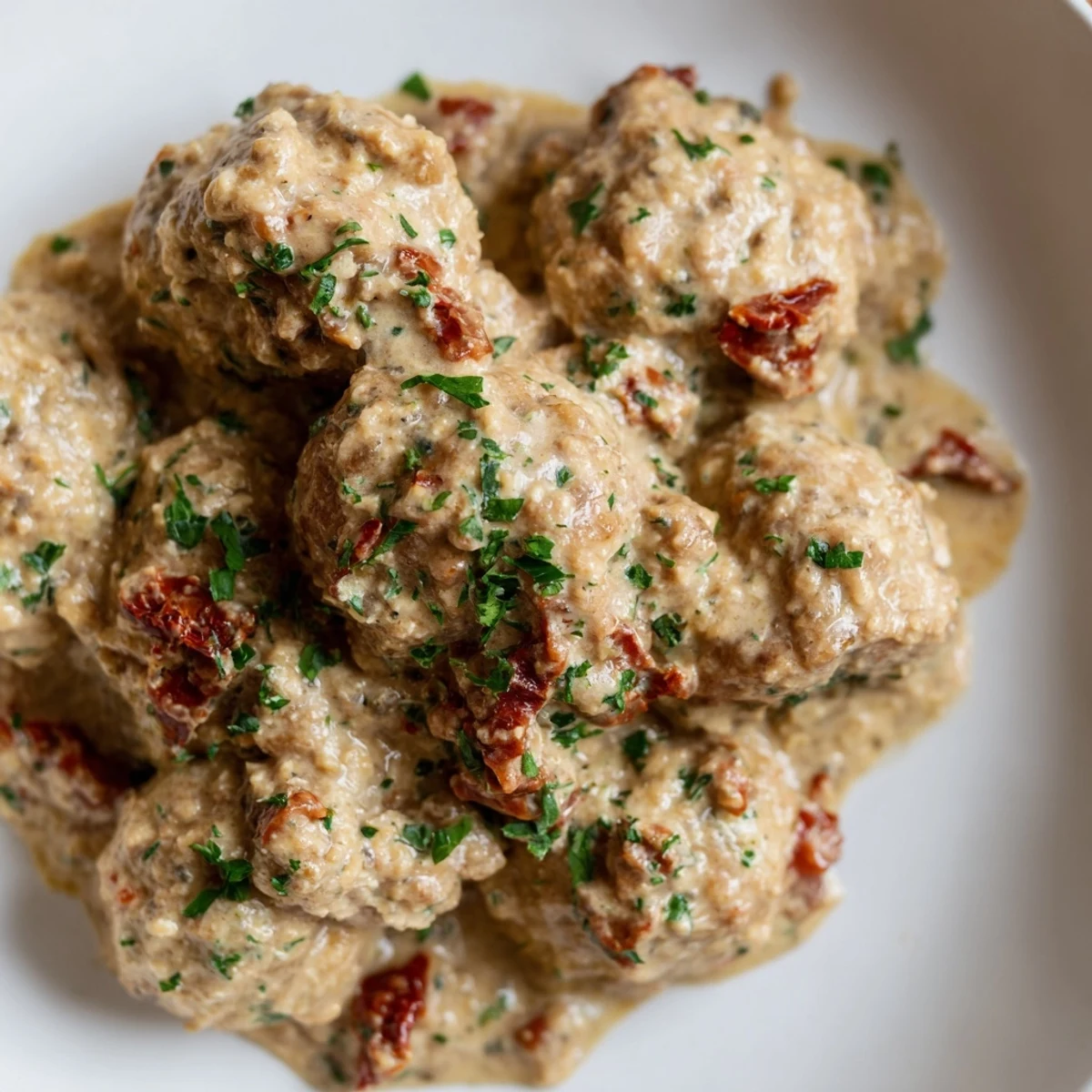 A close-up of baked chicken and sun-dried tomato meatballs nestled in a rich, creamy mustard sauce, ideal for a family dinner.