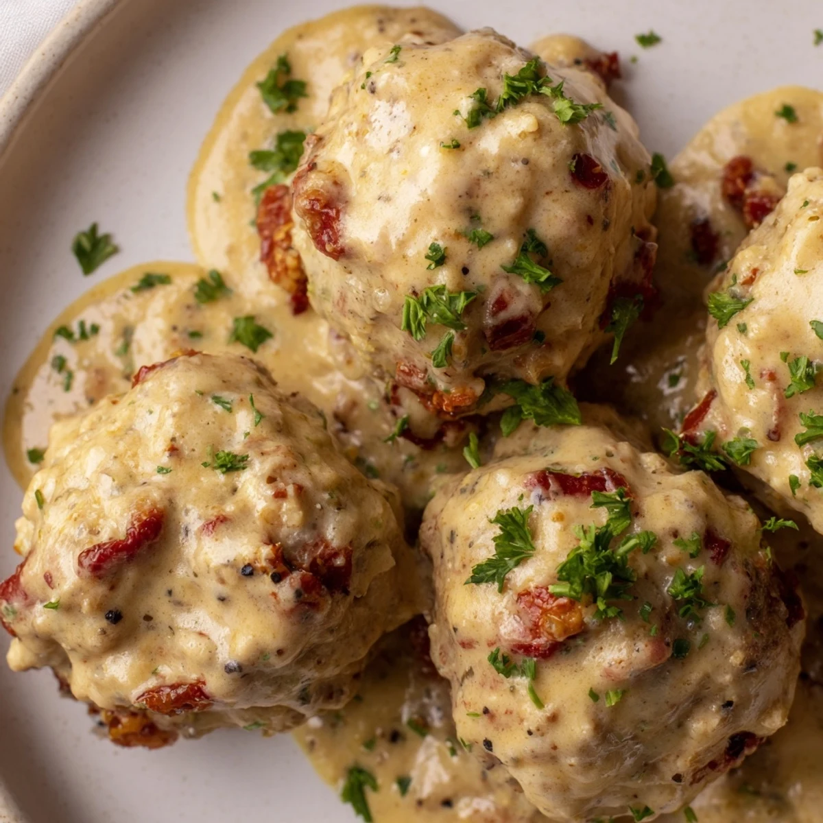Tender, juicy chicken and sun-dried tomato meatballs are coated in a luscious, tangy mustard cream sauce, garnished with fresh parsley.
