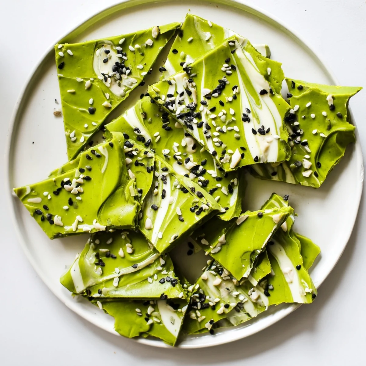 A close-up of the Black Sesame Matcha Bark showing a smooth green and white marbled surface topped with toasted black sesame seeds.