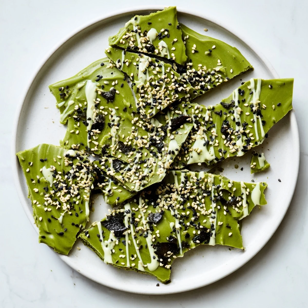 Elegant broken pieces of Black Sesame Matcha Bark reveal the crisp interior and glistening white chocolate edges.