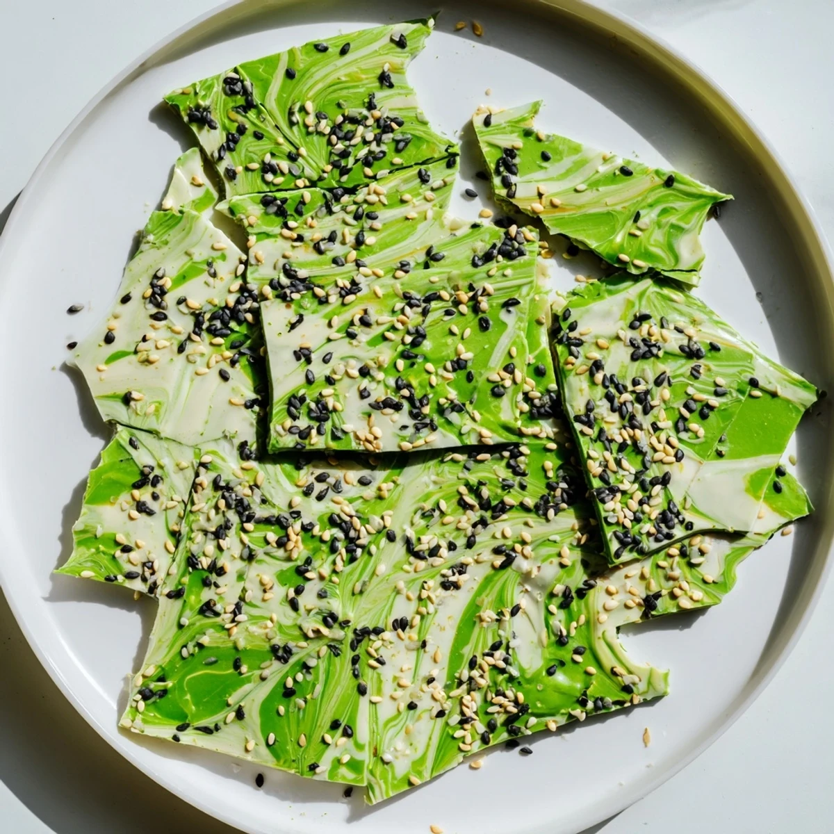 A serving suggestion of Black Sesame Matcha Bark arranged on a ceramic plate next to a warm cup of green tea.