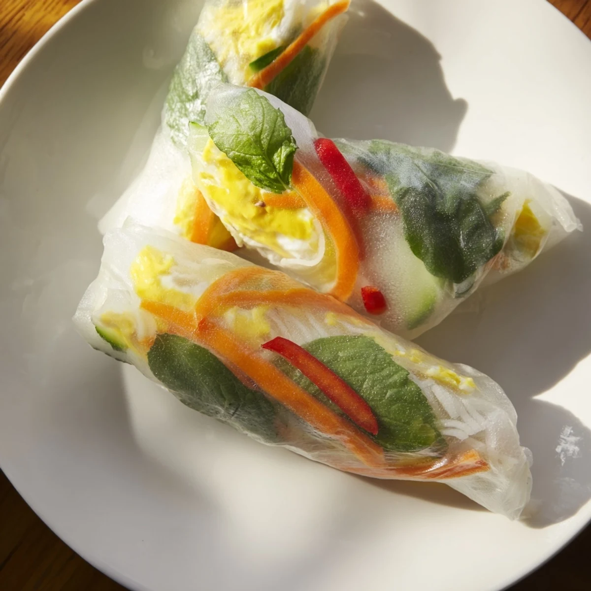 Fresh Omelette Spring Rolls with fluffy egg strips, crisp veggies, and mint on a white plate for a light appetizer.