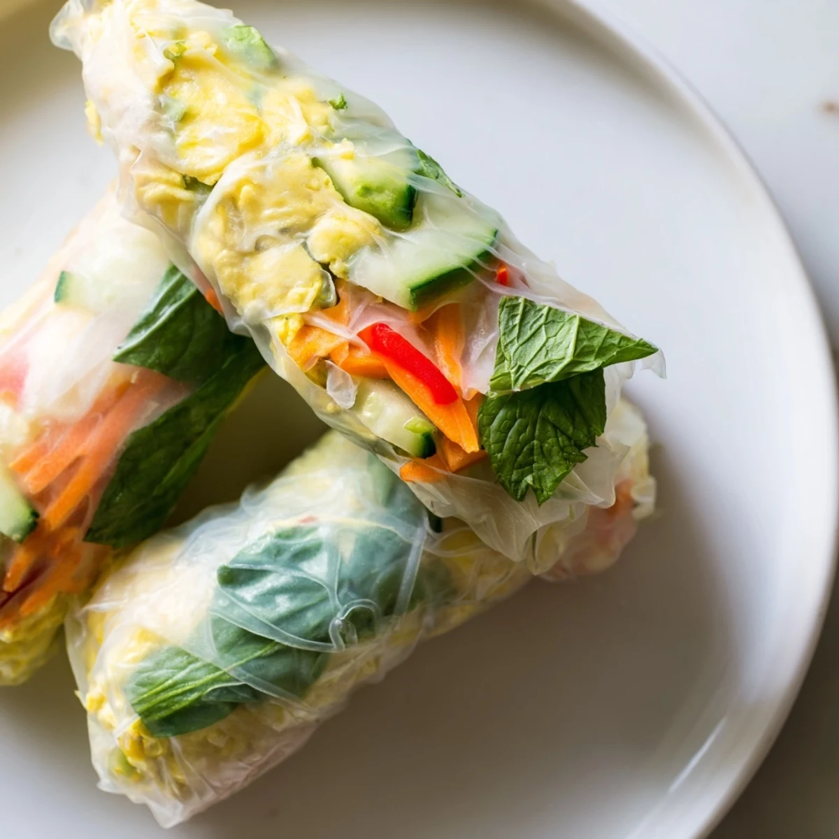 Savory Omelette Spring Rolls served fresh with rice paper wrapping, sesame seeds, and a side of tangy soy ginger sauce.
