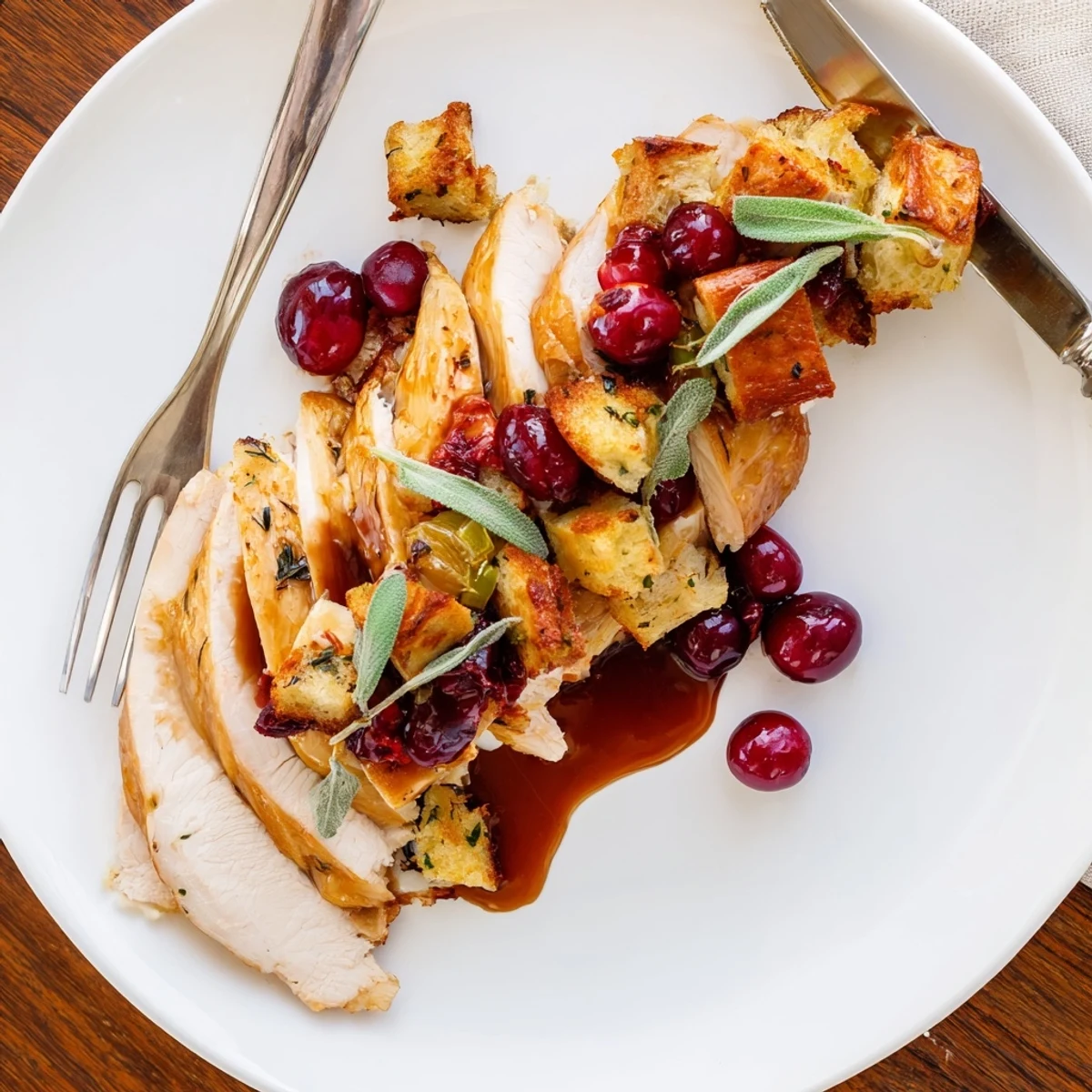 A rustic table setting features the Cherry Roast Chicken with sage stuffing, a bowl of rich cherry sauce, and Pinot Noir.