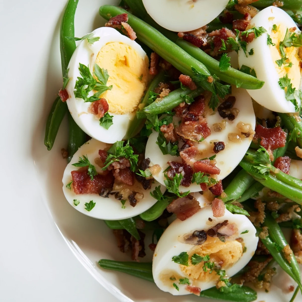 Bright overhead shot of the Green Bean, Bacon, and Egg Salad, featuring vibrant green beans, red onion slices, and a hearty American lunch portion.