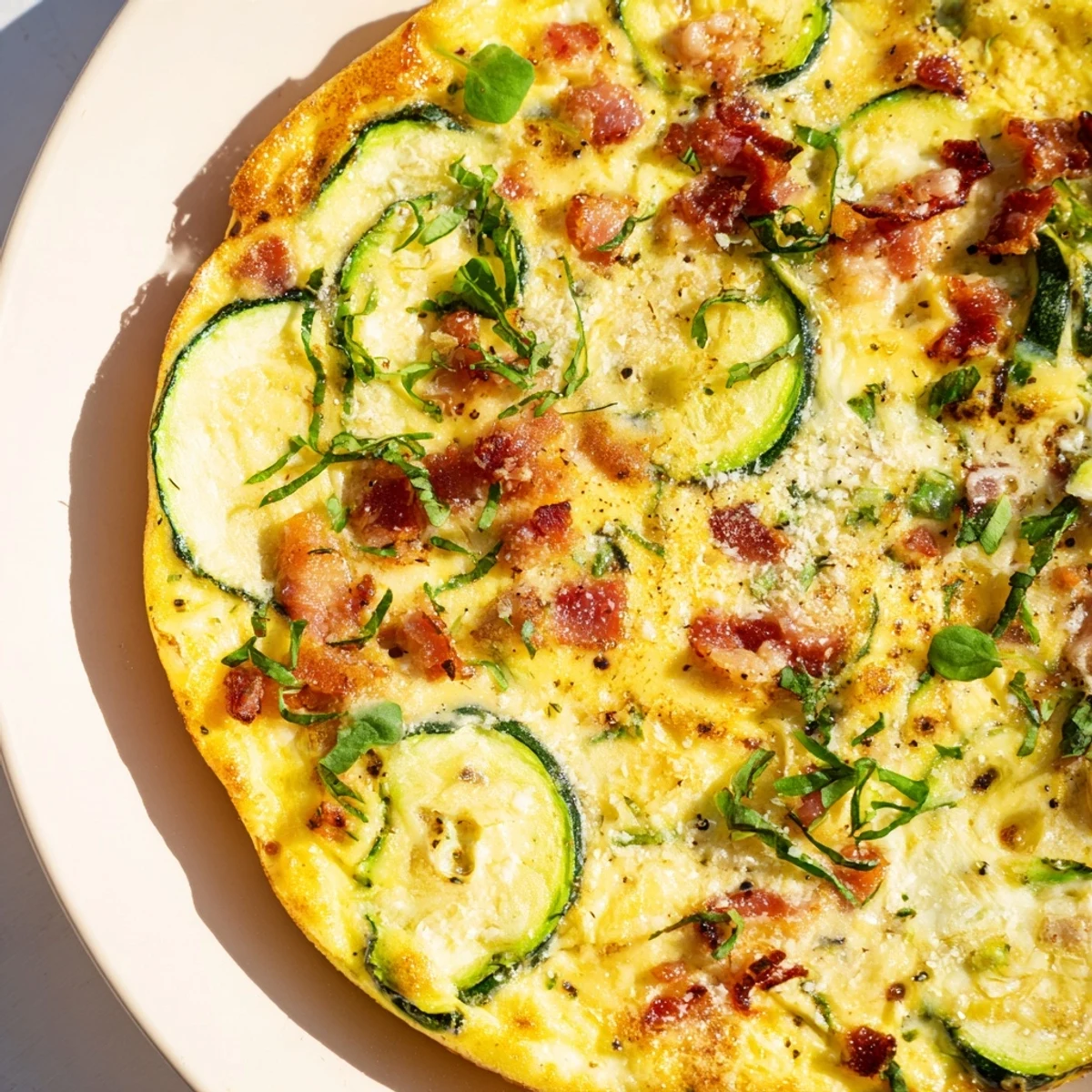 A close-up view of the Zucchini Herb and Pancetta Frittata with golden-brown eggs and melted Parmesan.