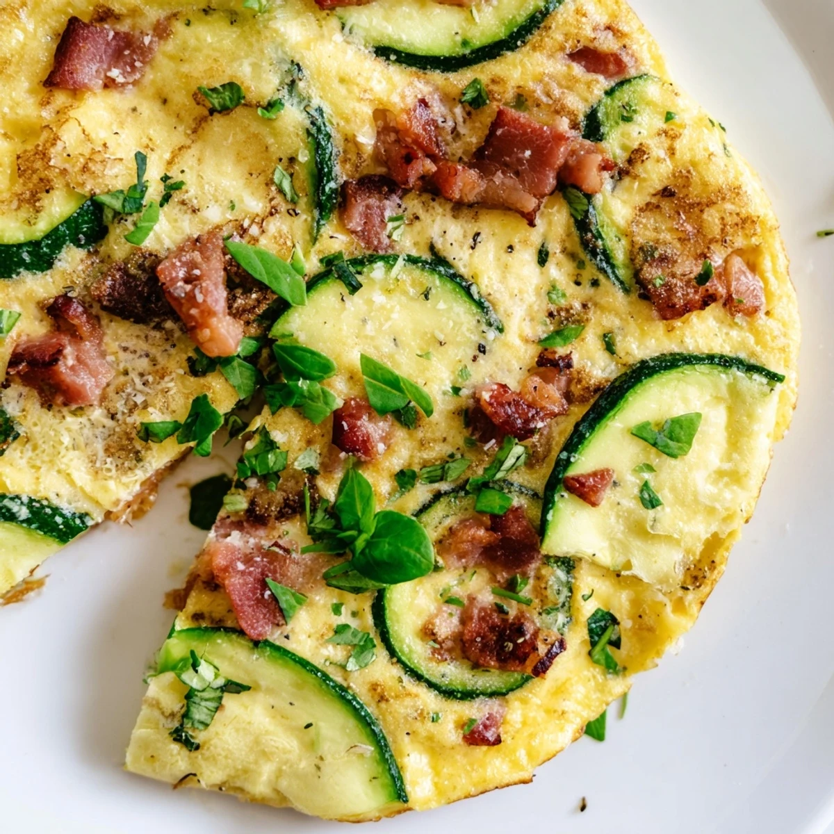 An overhead shot of the Zucchini Herb and Pancetta Frittata in a cast-iron skillet topped with fresh basil.