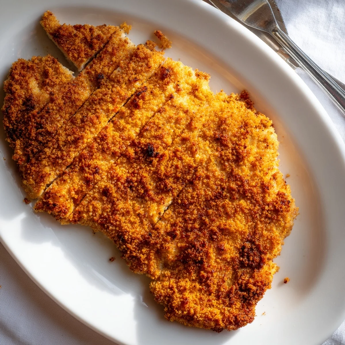 A close-up of Air Fryer Breaded Chicken Breast reveals crunchy panko coating and melted Parmesan, served with dipping sauce on the side.