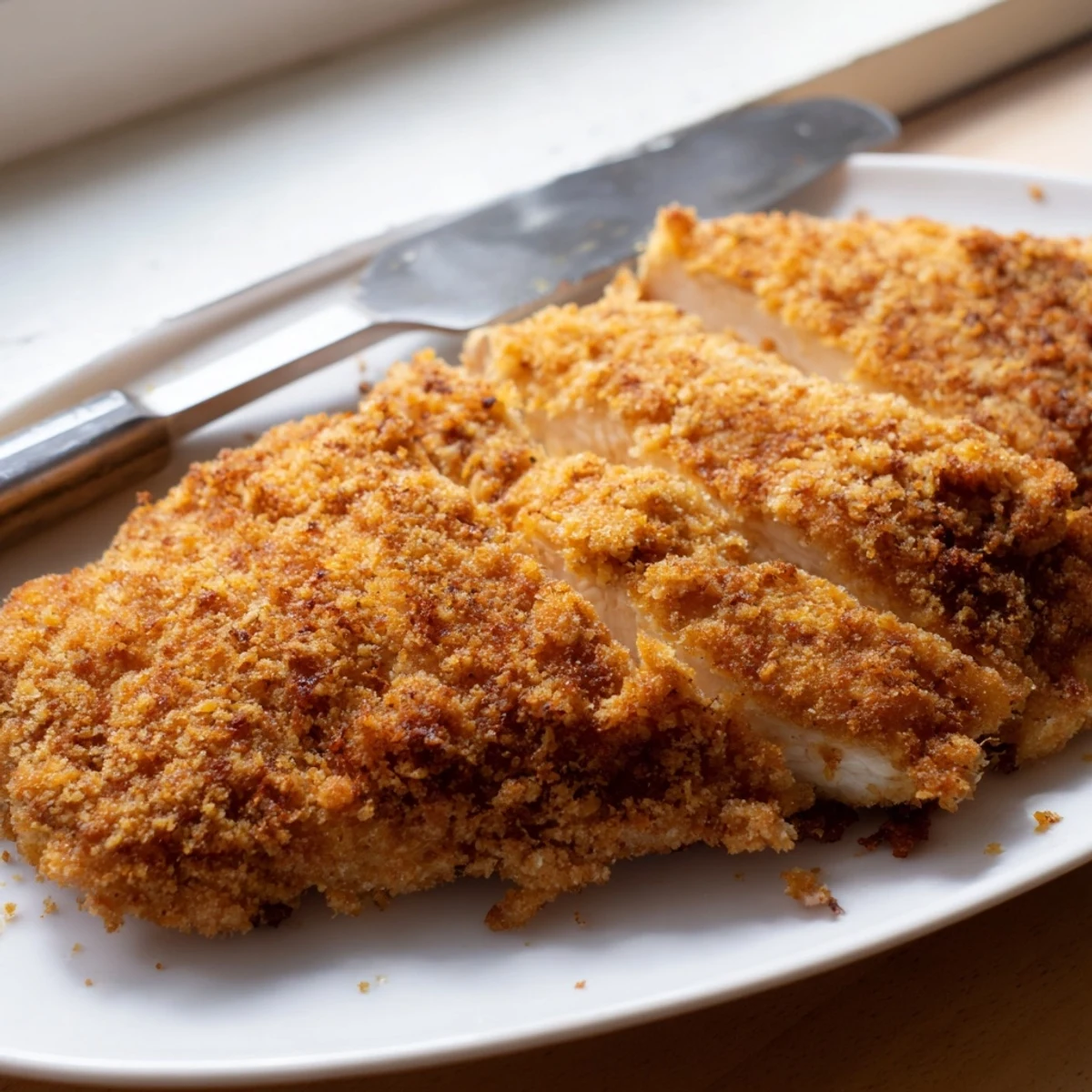 Sizzling Air Fryer Breaded Chicken Breast is plated with roasted vegetables, highlighting the golden-brown crust and succulent, high-protein meat.
