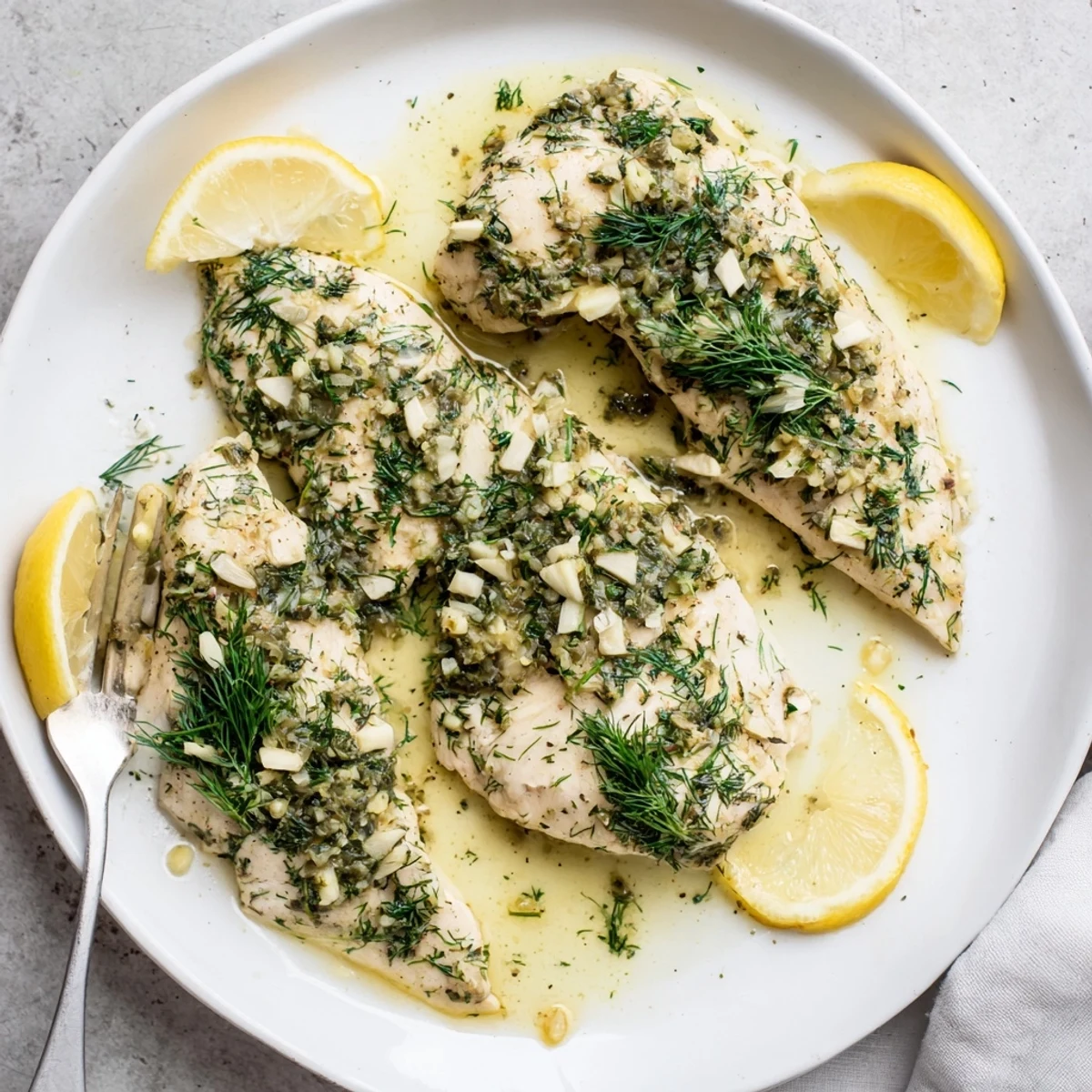 Freshly baked Paleo Lemon Dill Chicken garnished with lemon slices and herbs on a plate.
