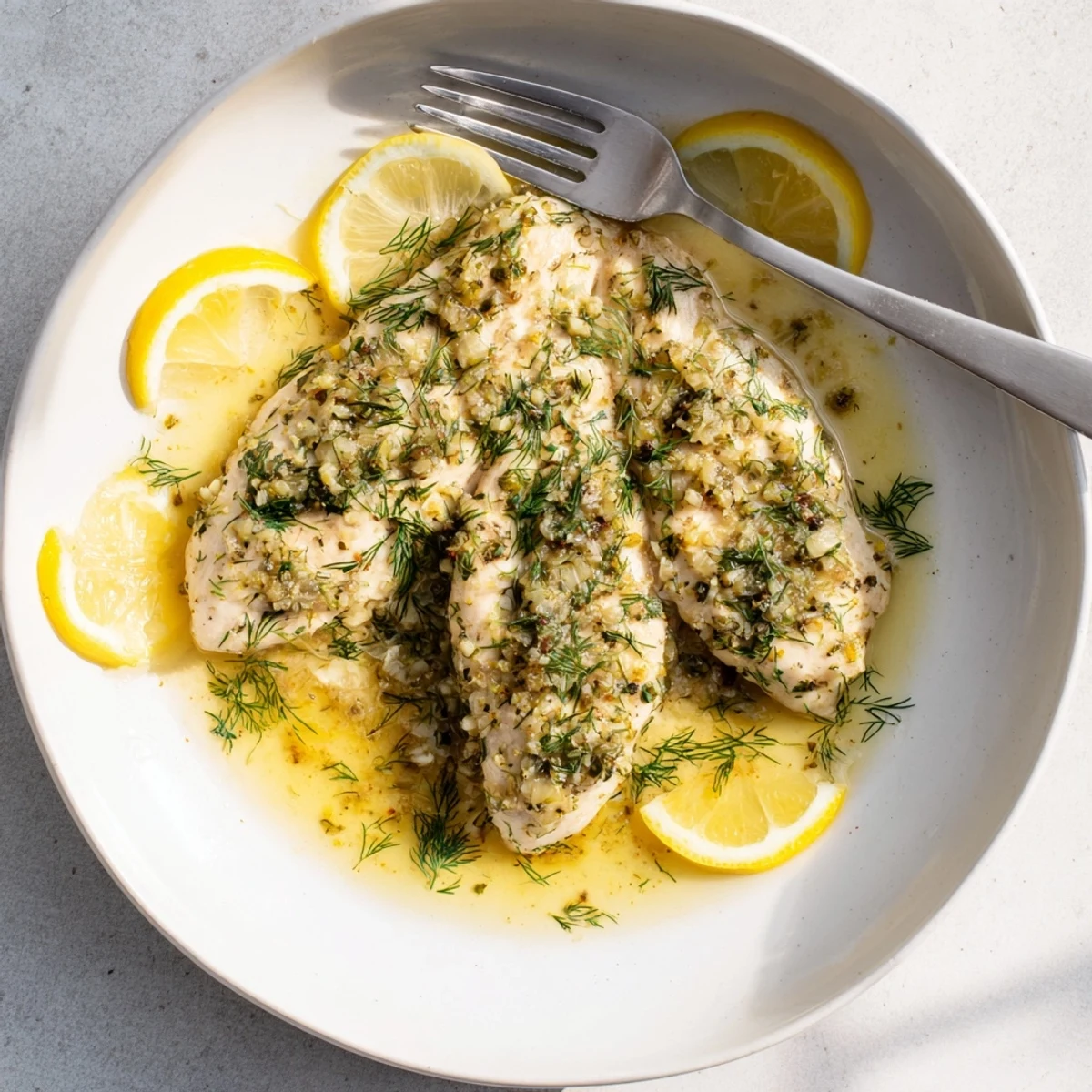 Juicy paleo-friendly chicken breasts marinated with lemon zest and dill, served with cauliflower rice.