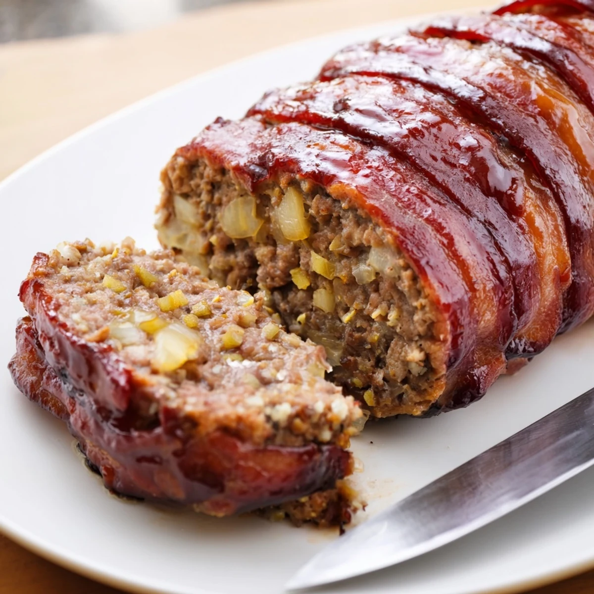 Freshly baked BBQ Beef Bacon Wrapped Meatloaf glazed with tangy sauce rests on a rustic board.