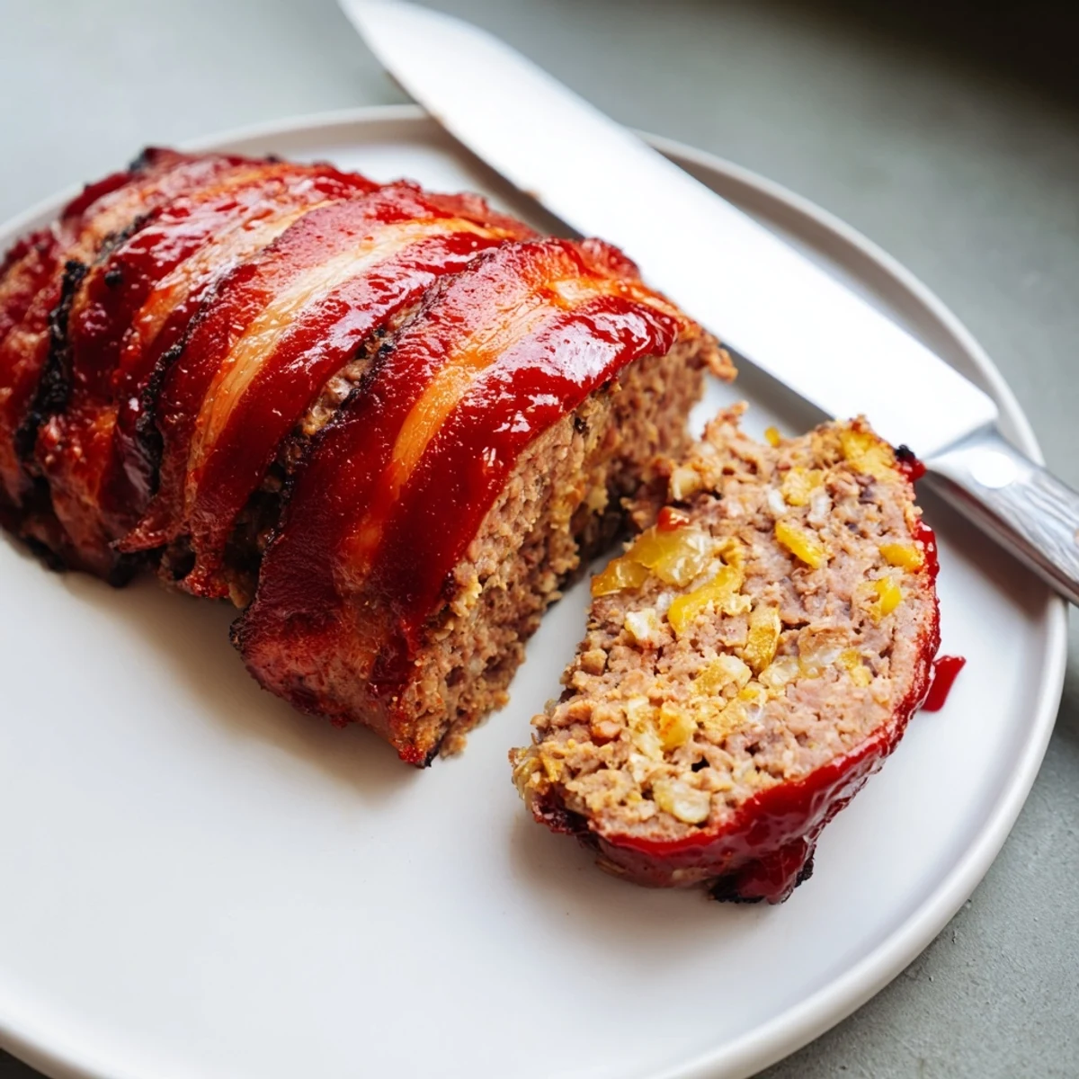 Golden crispy bacon wraps a juicy BBQ Beef Bacon Wrapped Meatloaf served with mashed potatoes.