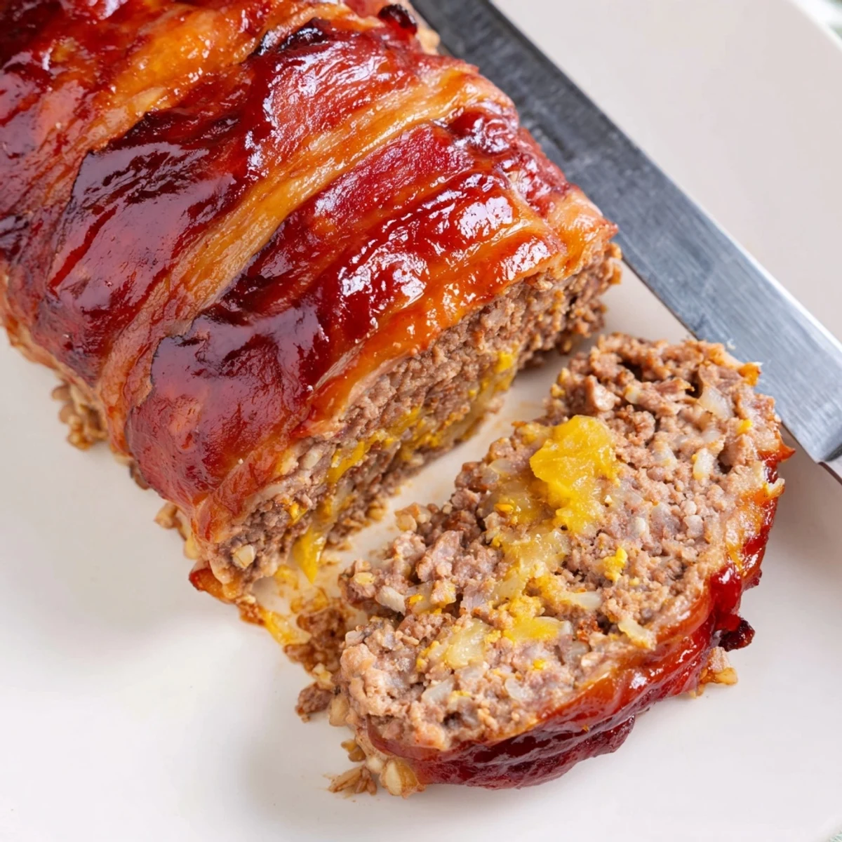 Family-style BBQ Beef Bacon Wrapped Meatloaf sliced to reveal tender beef and onions on a platter.