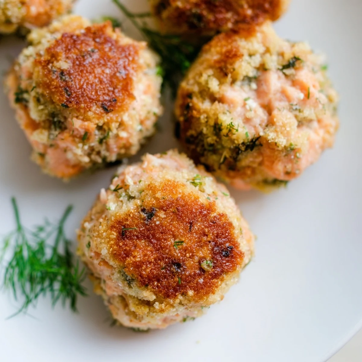 Crispy pan-fried salmon balls with creamy avocado sauce on a white plate with lemon wedges.