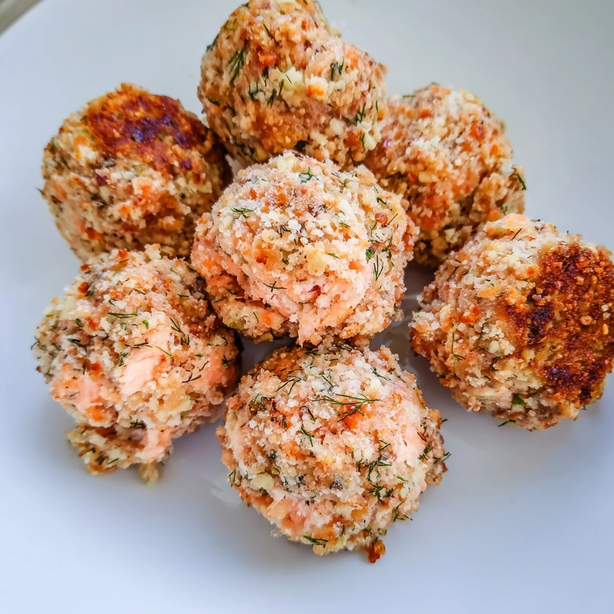 Savory salmon balls topped with tangy avocado cream sauce, plated for an easy appetizer spread.