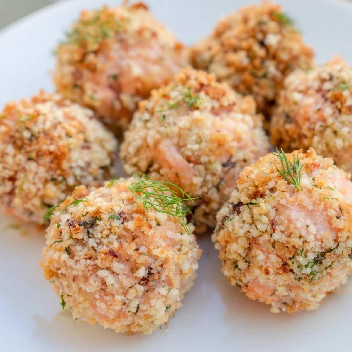Golden salmon balls drizzled with vibrant green avocado sauce, served alongside fresh dill garnish.