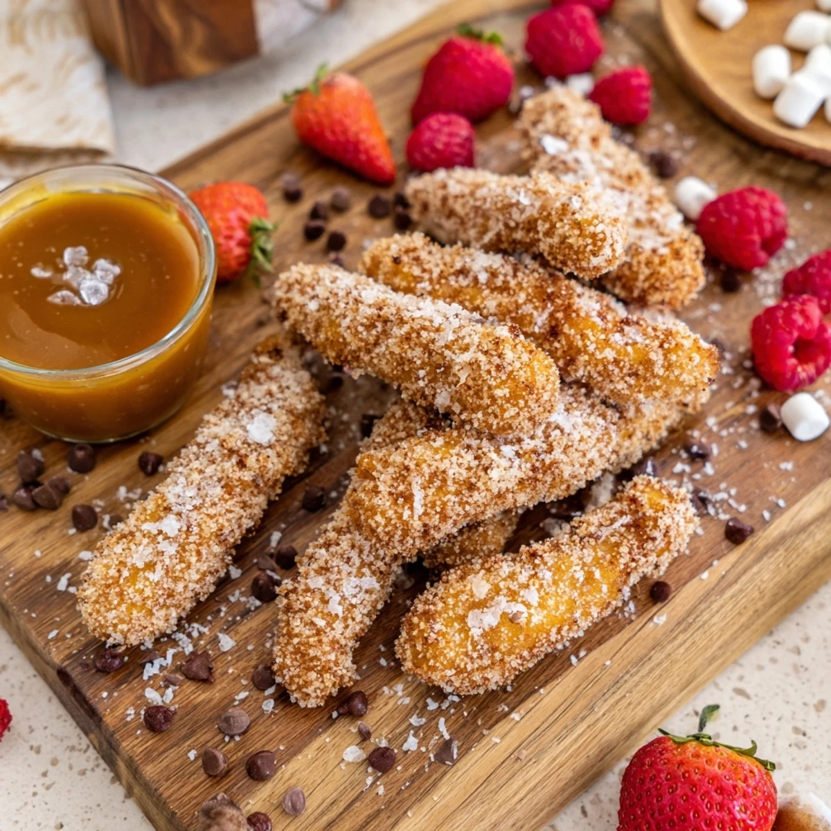 Golden fried apple fries coated in panko crumbs are arranged on a rustic board with warm salted caramel sauce for dipping.