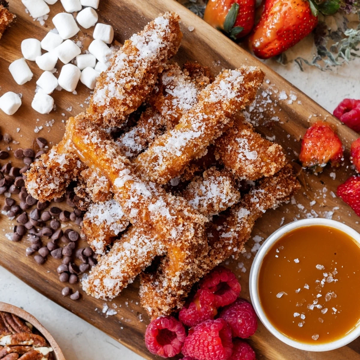 A close-up of the Salted Caramel Apple Fries Board shows powdered sugar dusted apple fries and colorful sweet dippables like berries and marshmallows.