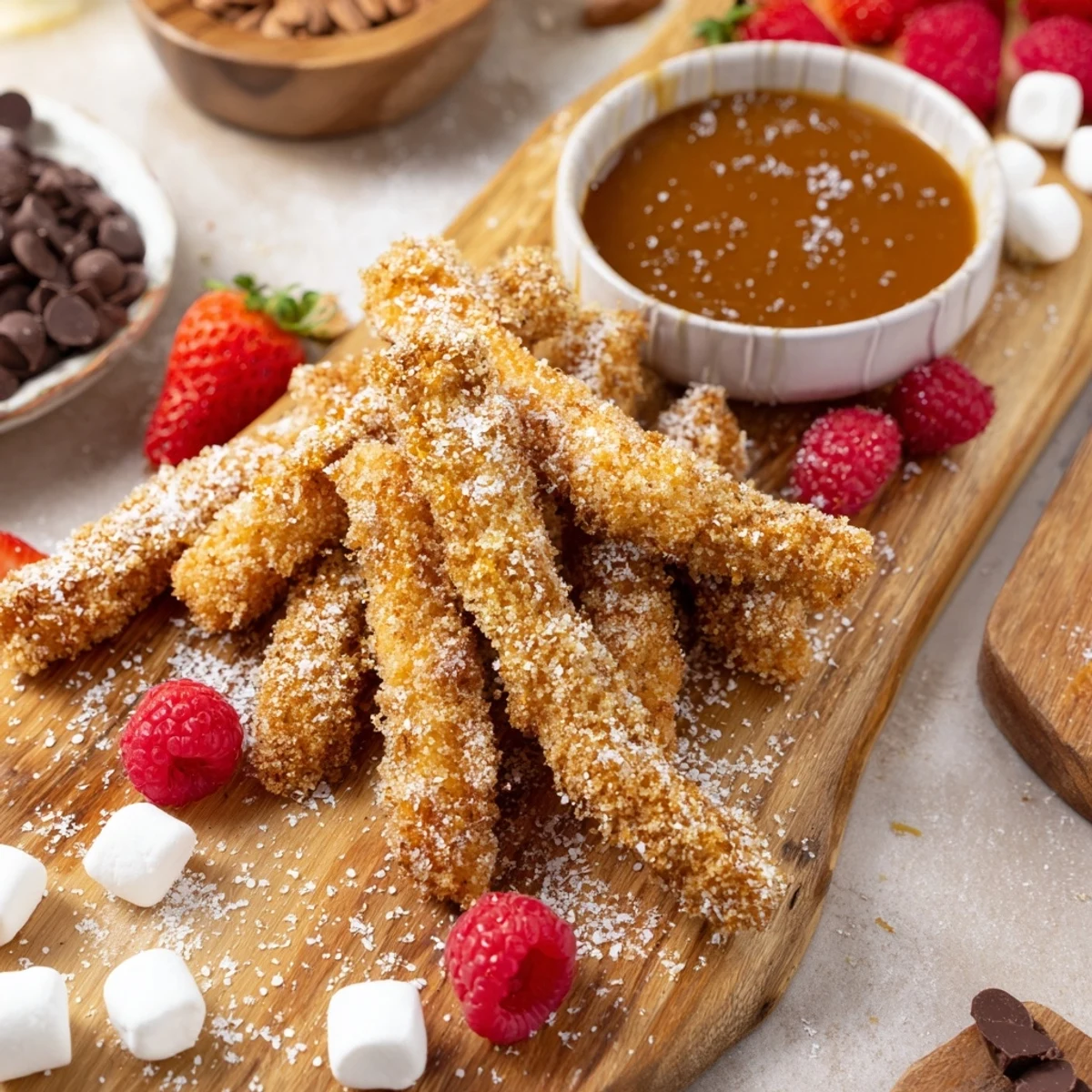 Overhead view of a serving platter with crispy apple fries, rich caramel, and scattered chocolate chips for a decadent American dessert.