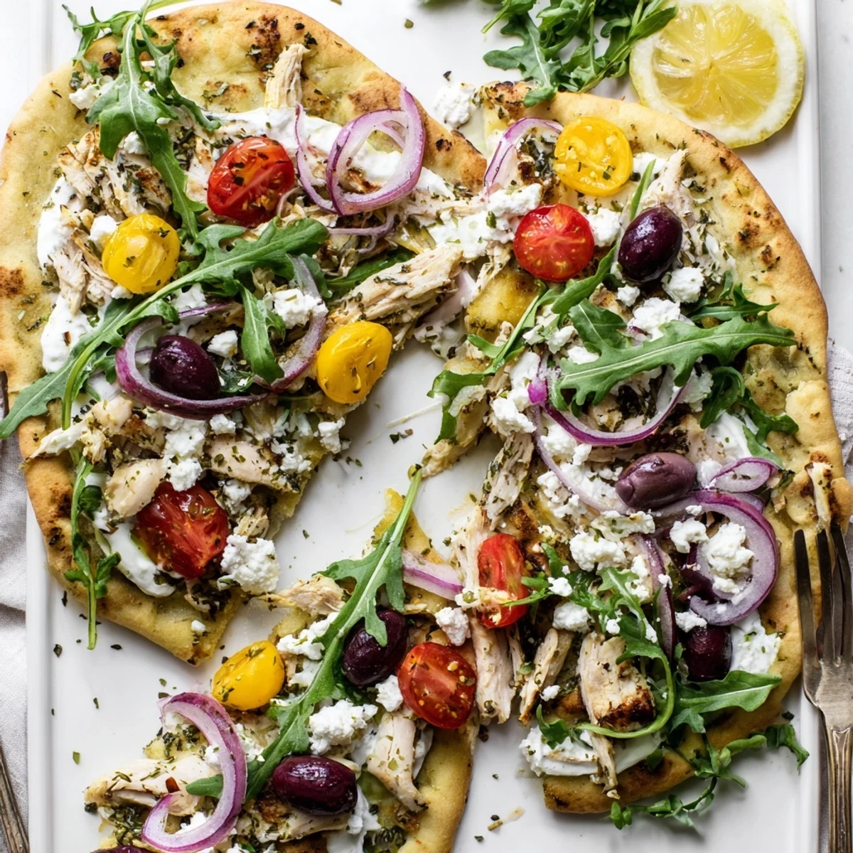 A close-up of Zesty Lemon Herb Chicken Flatbread With Creamy Feta featuring juicy chicken and vibrant cherry tomatoes.