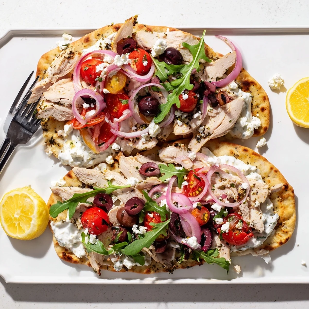Golden-baked Zesty Lemon Herb Chicken Flatbread With Creamy Feta, topped with fresh arugula and sliced Kalamata olives.