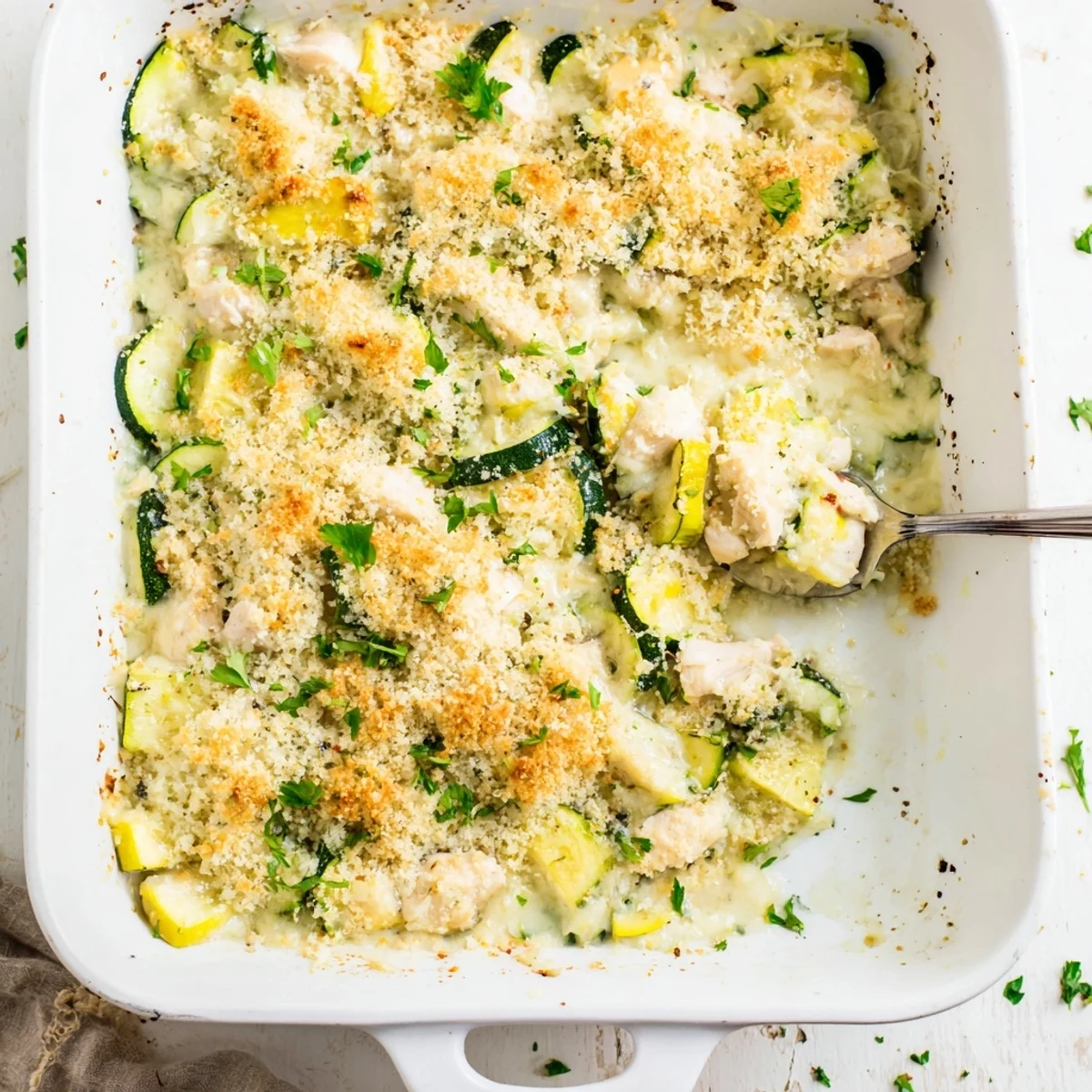 Freshly baked Chicken Zucchini Bake in a white dish, topped with golden melted mozzarella and herbs.