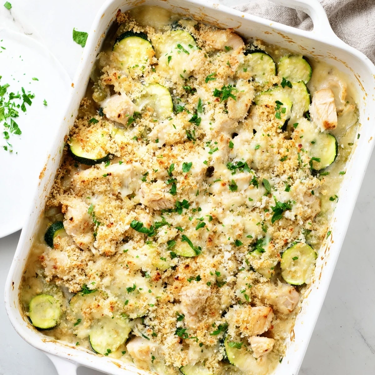 Hearty Chicken Zucchini Bake served family-style with a green salad alongside, perfect for a wholesome dinner.