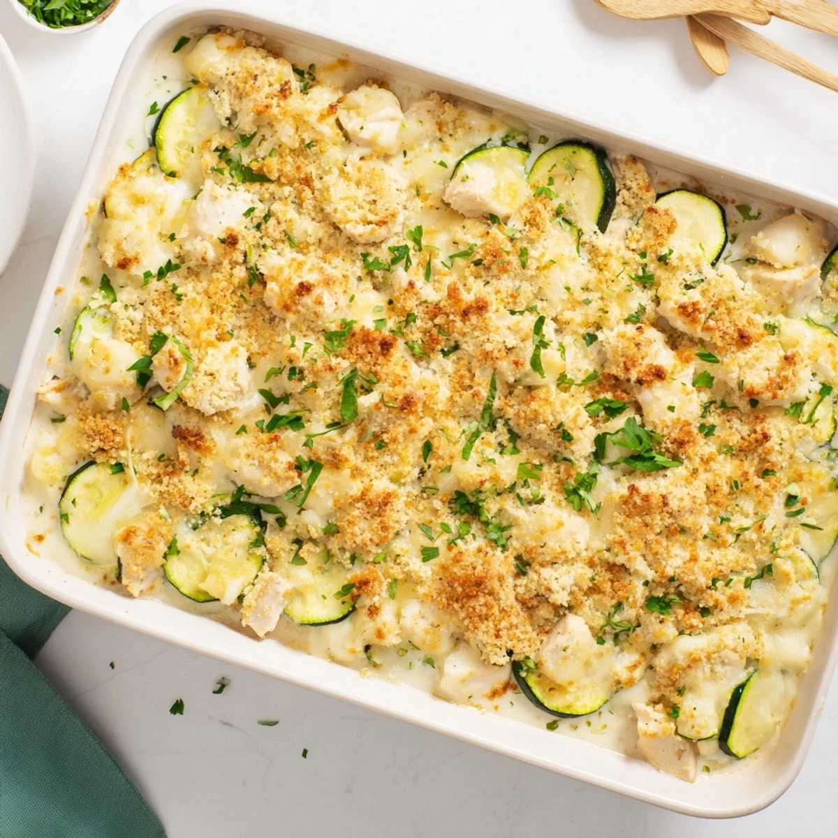 A close-up of Chicken Zucchini Bake showing creamy sauce, tender zucchini rounds, and crispy breadcrumbs.