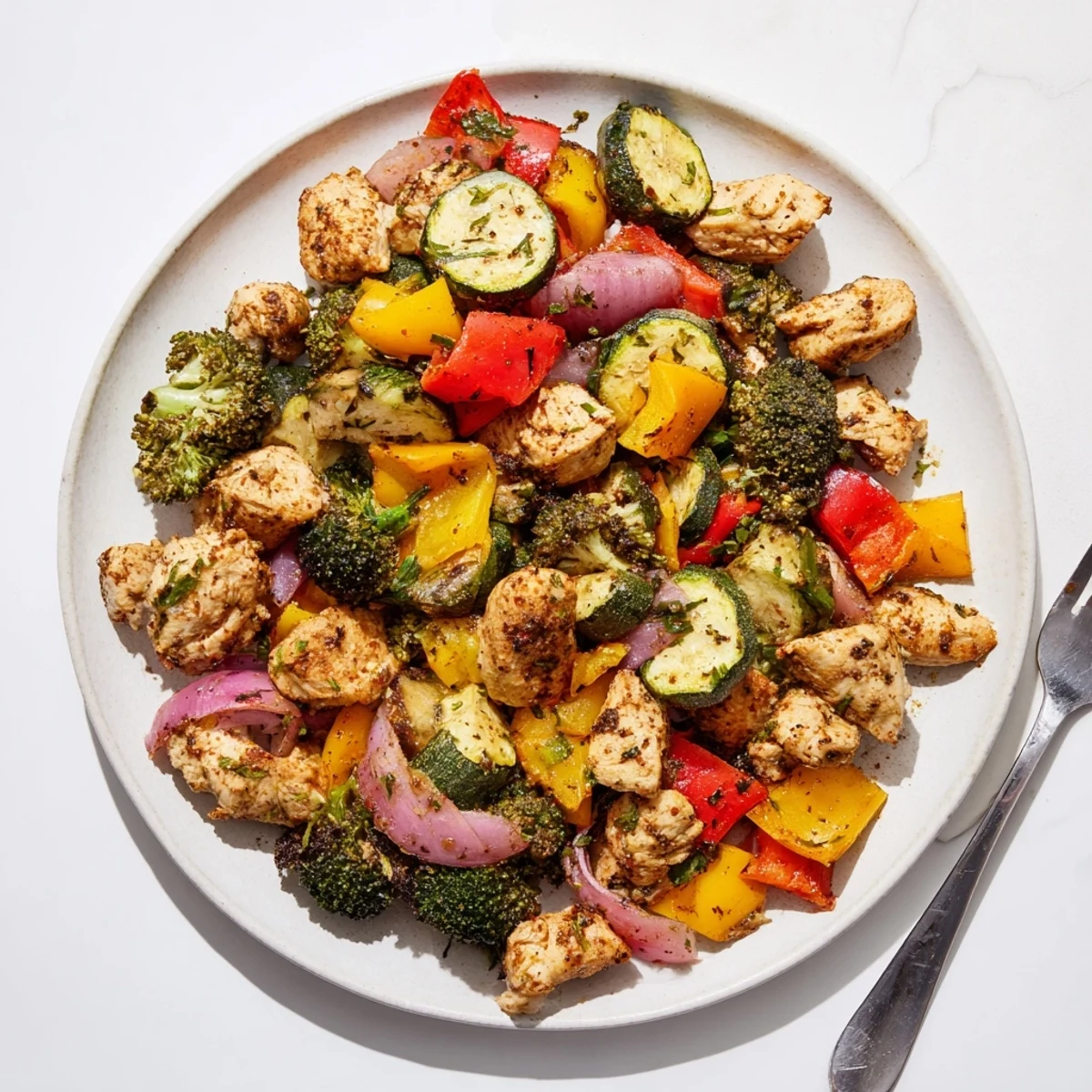 10-Minute Air Fryer Chicken and Veggies arranged on a plate, gluten-free and low carb dinner.