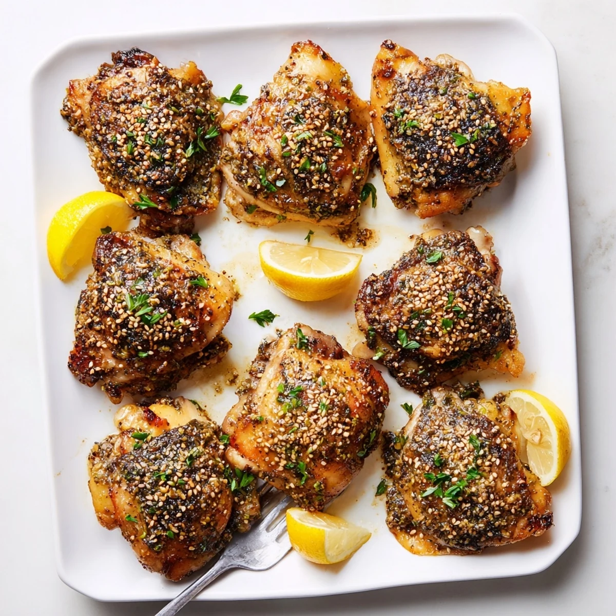 A close-up of Zaatar Tahini Chicken Thighs roasted to golden perfection with lemon wedges.  