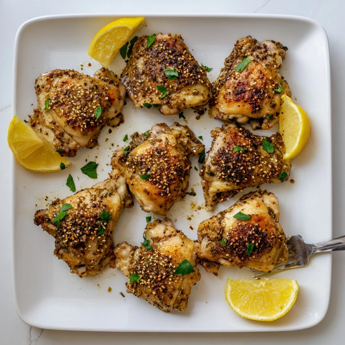 Savory Zaatar Tahini Chicken Thighs served warm on a platter, ready for a family dinner.