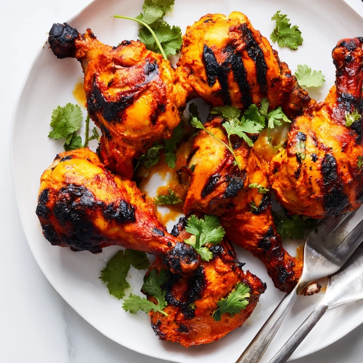 Succulent Tandoori Chicken thighs, marinated in yogurt and spices, are roasted to smoky perfection on a wire rack.