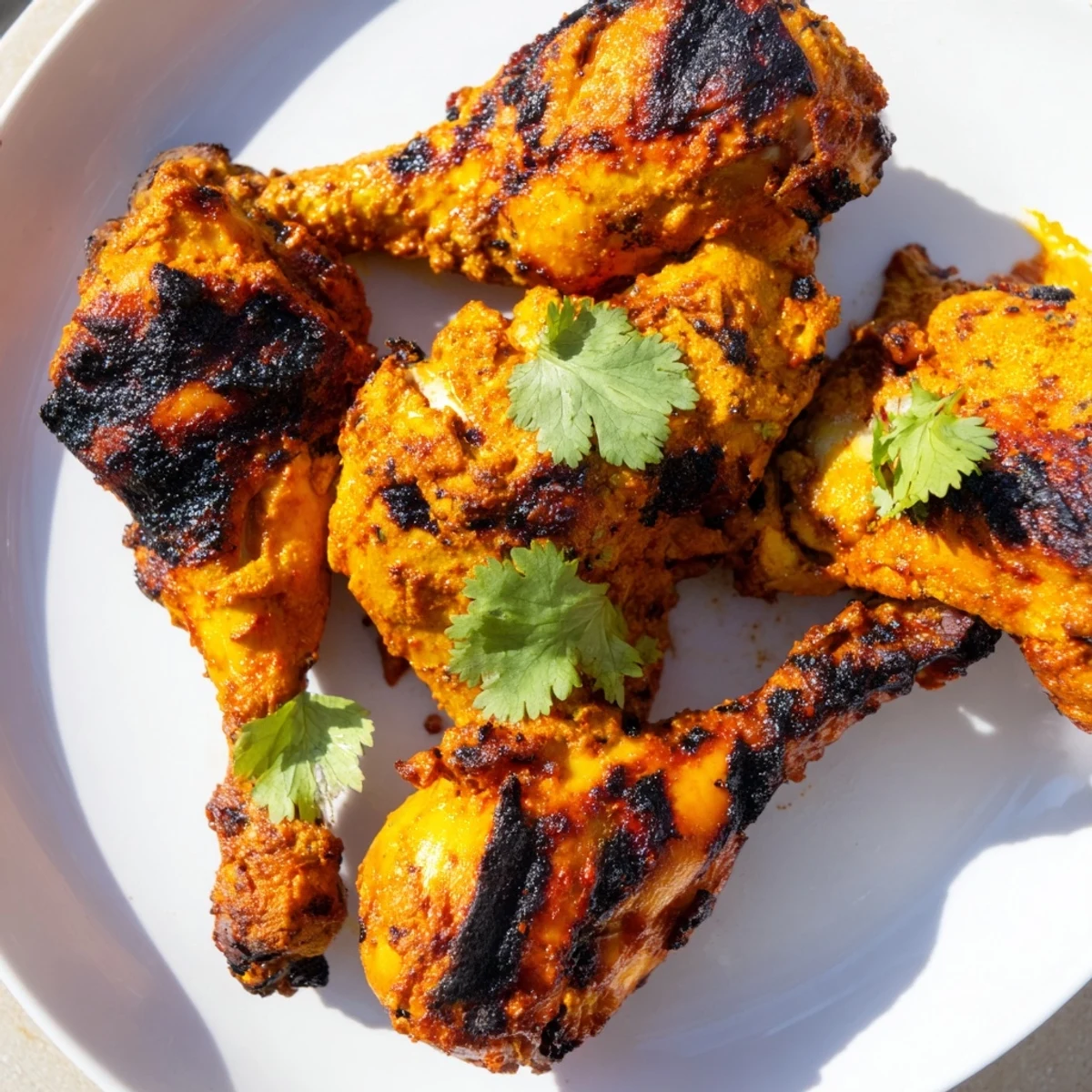 A close-up of golden, charred Tandoori Chicken, highlighting the vibrant spice crust and juicy interior on a rustic plate.