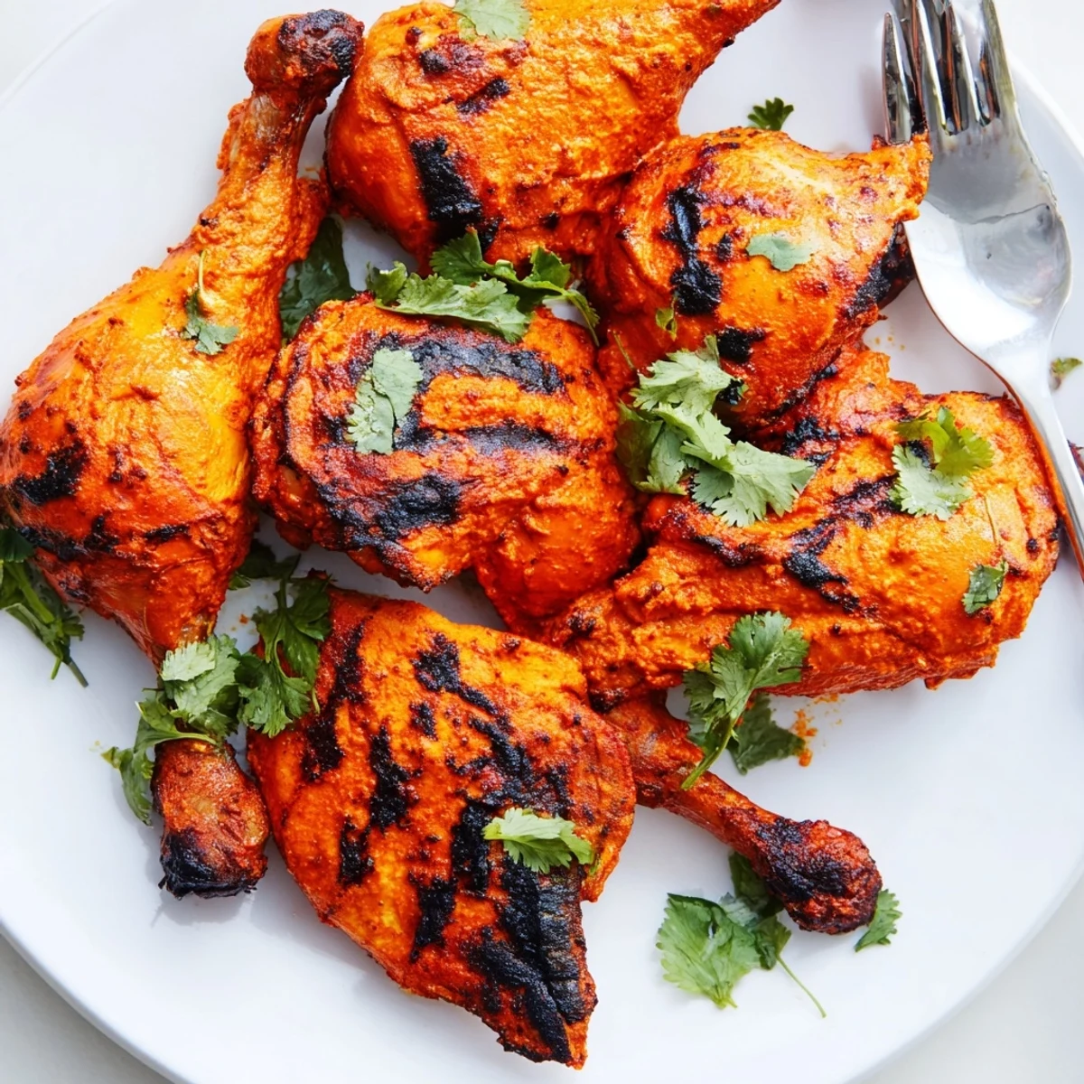 Bright red Tandoori Chicken drumsticks garnished with fresh cilantro and red onion slices, served with lemon wedges on the side.
