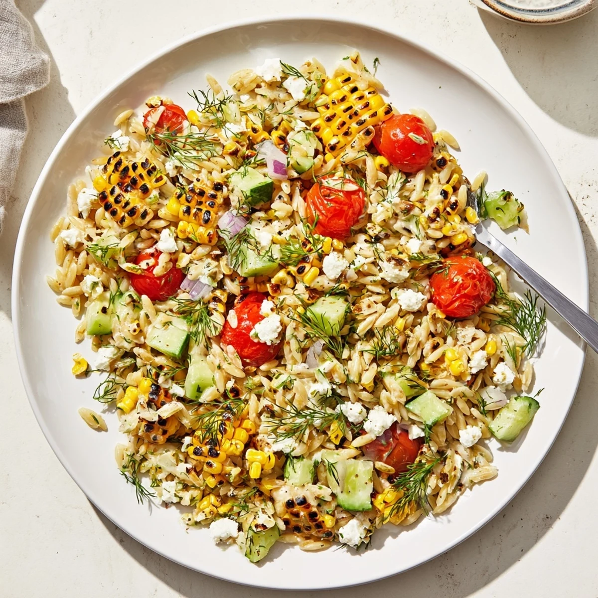 Grilled Corn Orzo Salad with Scallion Dill Dressing in a white bowl garnished with fresh dill and crumbled feta cheese.