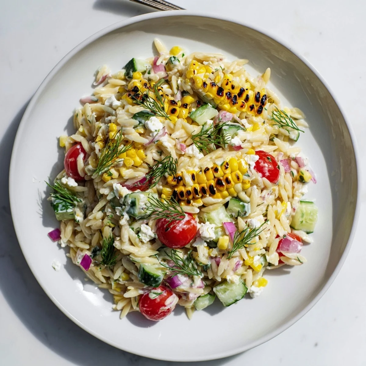 A vibrant bowl of Grilled Corn Orzo Salad with Scallion Dill Dressing featuring charred corn kernels and diced red onion.