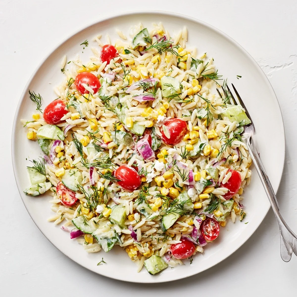 Summer Grilled Corn Orzo Salad with Scallion Dill Dressing plated alongside a glass of white wine and crusty bread.