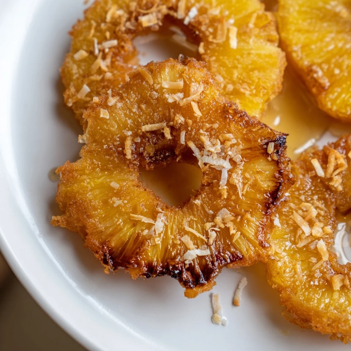 Crispy Fried Pineapple with caramelized edges, drizzled with maple syrup and paired with vanilla ice cream.