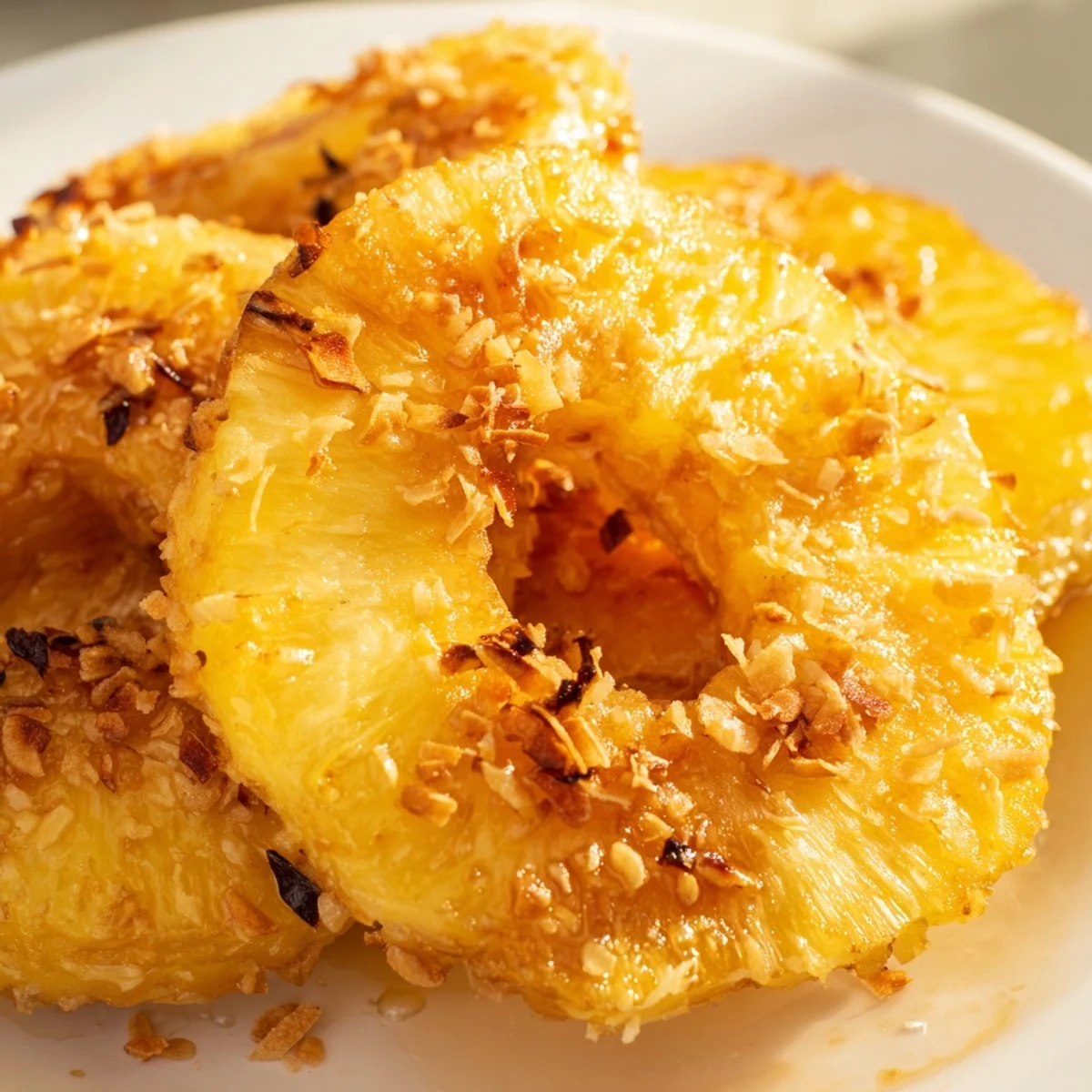 Golden Fried Pineapple rings glistening with honey, served warm with toasted coconut flakes for a tropical dessert.