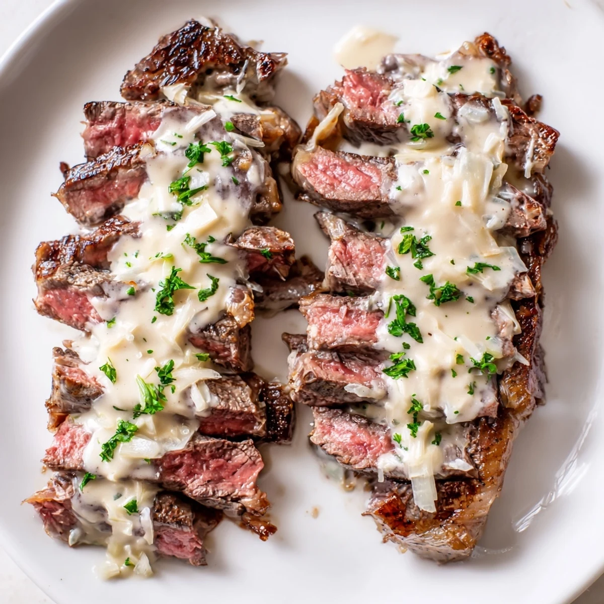 A juicy ribeye steak with creamy garlic sauce served on a white plate, garnished with fresh parsley and a light drizzle.