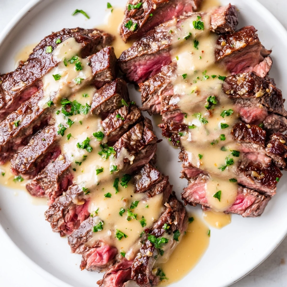 Tender, seared steak smothered in a velvety garlic cream sauce, paired with roasted potatoes and a glass of red wine.