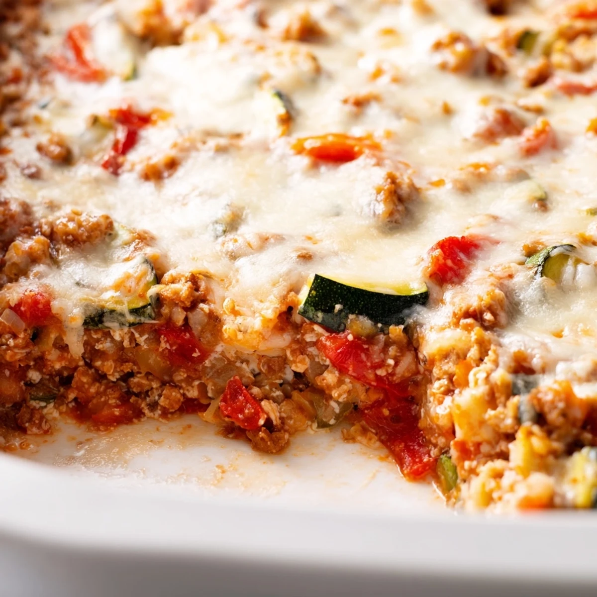 A steaming Easy Ground Turkey Zucchini Casserole served in a white dish, ready for a cozy weeknight dinner with a fresh side salad.