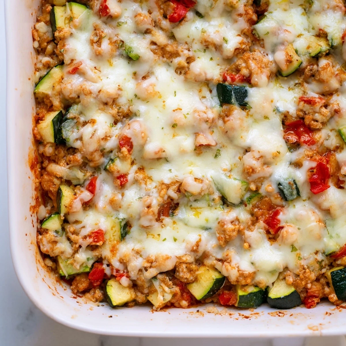 Freshly baked Easy Ground Turkey Zucchini Casserole with bubbly cheese topping and visible pieces of zucchini, bell pepper, and ground turkey.