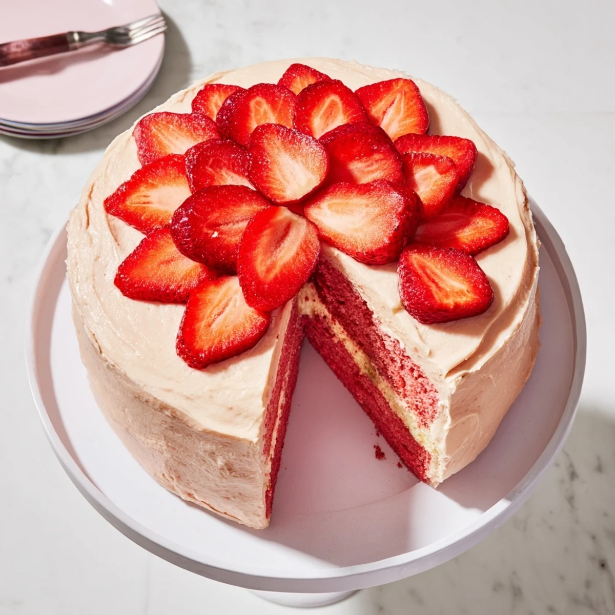 Close-up of moist Strawberry Velvet Cake layers with strawberry purée swirls, ready to serve at a family celebration.