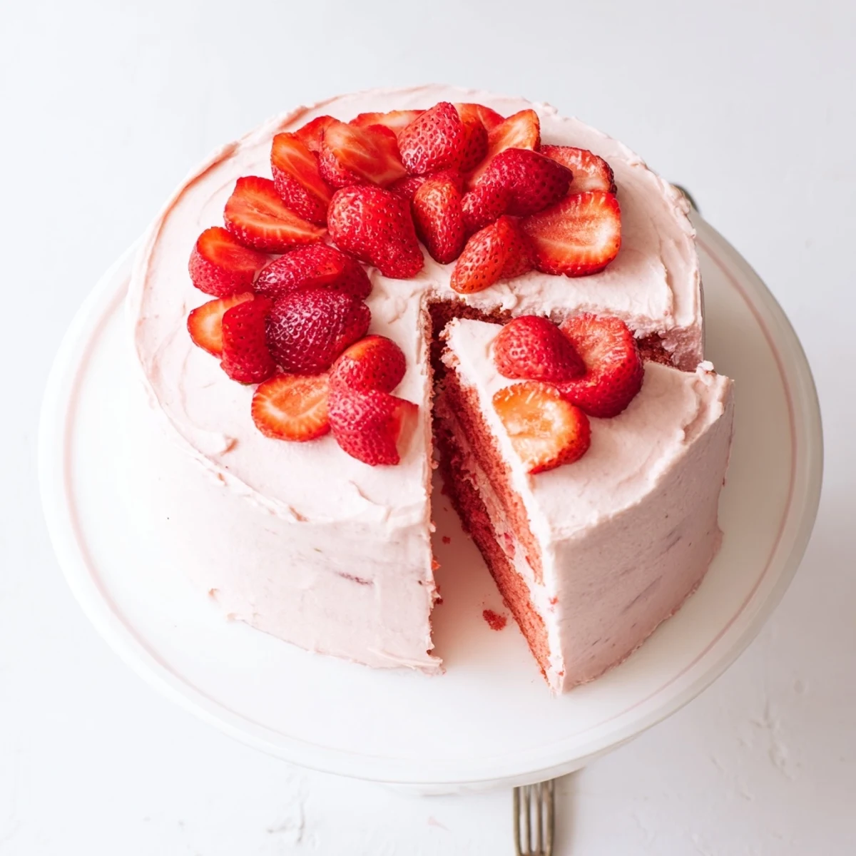 A fork lifts a bite of Strawberry Velvet Cake with velvety crumb and tangy cream cheese frosting, perfect for desserts.